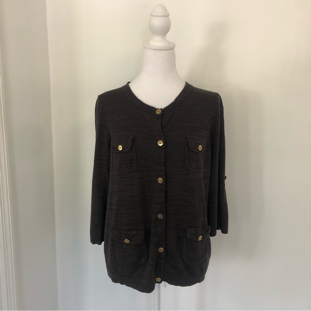 J.CREW Women Heathered Grey 3/4 Sleeve Button Up Sweater Sz L Roll Tab